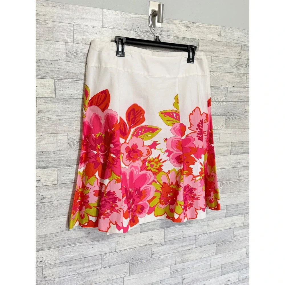 Floral A-Line Skirt Pink Orange Chartreuse White Cotton Blend Sz 14 Knee Length